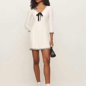 Reformation Ivory Dress with Black Embroidery and Bow